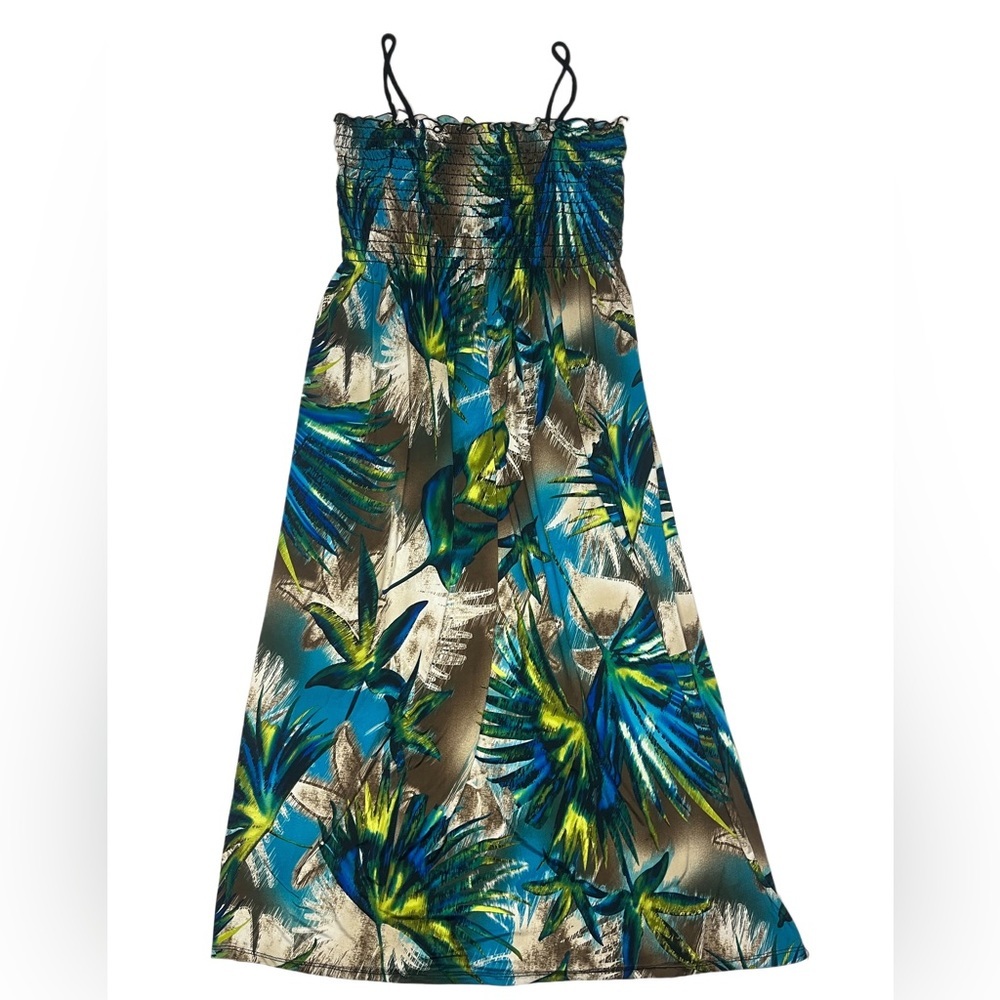 Tropical floral dress blue and green tropical rain forest pattern maxi dress